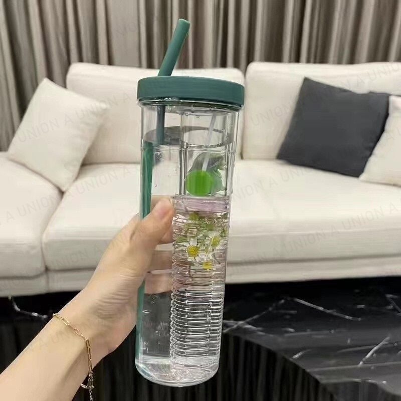 (VH2287) 700ml 果汁杯 冷飲杯 水杯 車用冷飲杯 運動水瓶 水樽 水壺 濾網茶杯 吸管杯 冷泡茶壺 泡茶水樽 茶瓶 分隔杯 隨行杯 健身杯 咖啡杯 花茶壺泡茶水杯 帶飲管 (綠色)