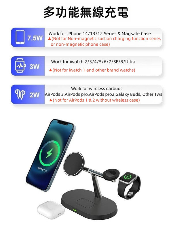 (VH0123) 三合一磁吸無線充電器 Magsafe15W磁吸充電 iPhone Apple Watch Airpods 無線充電耳機 無線快速充電器 多功能桌面手機支架