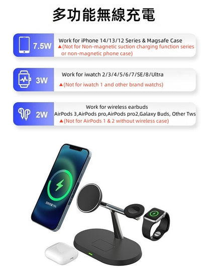 (VH0123) Three-in-one magnetic wireless charger Magsafe15W magnetic charging iPhone Apple Watch Airpods wireless charging earphones wireless fast charger multi-functional desktop mobile phone holder