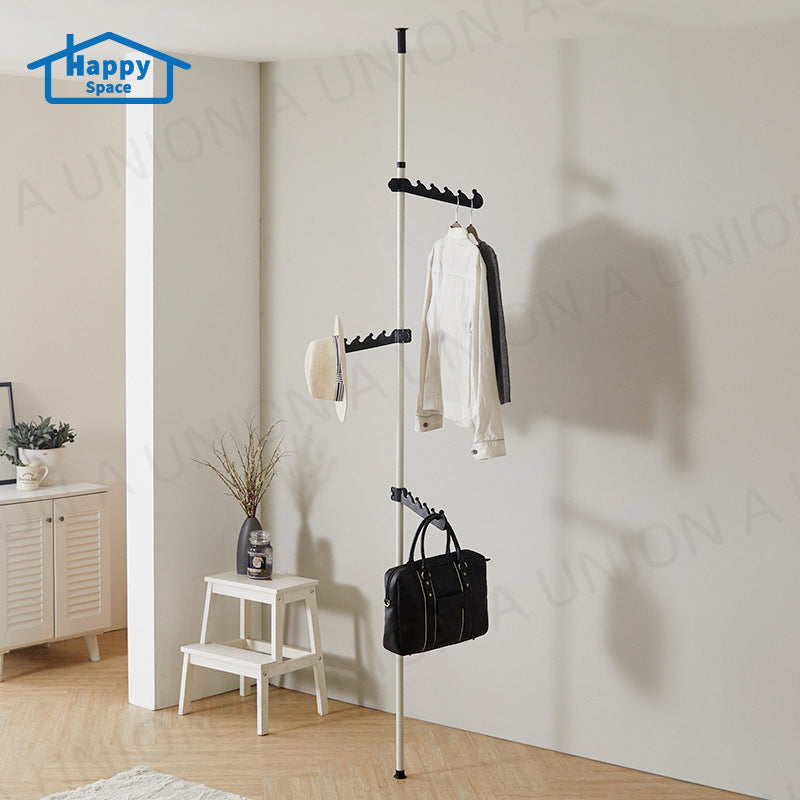 (VH0092) South Korea's best-selling punch-free overhead clothes hanger single pole retractable clothes drying and hat rack vertical clothes hanger white + three hooks