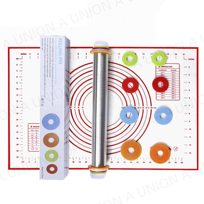 （VH0435）17寸可調型不銹鋼擀麺杖+揉麵墊 擀麵棍 烘焙多功能麵粉棍 披薩壓餅棒 壓面棍 不粘麵團擀麵杖 麵粉墊 烘培揉麵不粘墊 揉麵墊 帶刻度案板搟麵墊