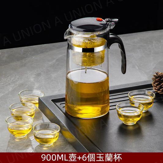 (VH0836)900ML飄逸杯泡茶壺+6茶杯 一鍵濾茶 茶水分離沖茶壺 高硼矽玻璃茶壺 咖啡壺 過濾玻璃壺 熱水壺 沖茶壺 茶具 花茶壺 中國茶 花茶 沖茶器 沖泡壺 公道杯 茶水分離杯 沏茶 茶杯