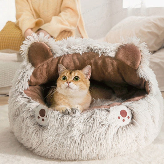 (VP0238) Cat bed round soft plush cave cat cave semi-enclosed bed non-slip pet bed winter warm bed home puppy and kitten nest