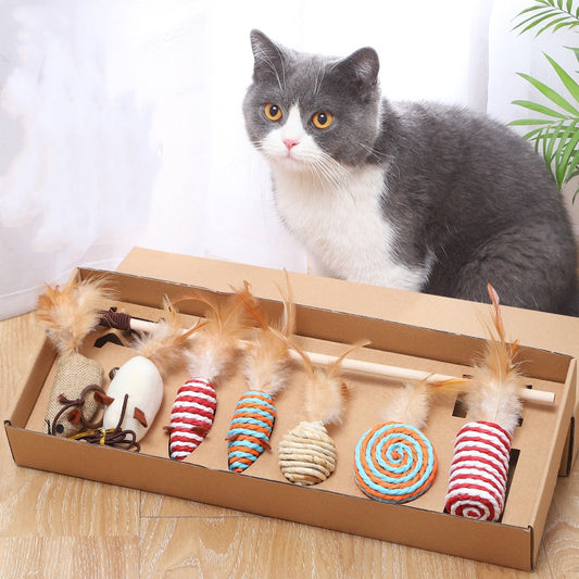 (VP0038) Cat Funny Stick Seven-piece Set Cat Gift Box Pet Toy Cat Shaking Cat Stick Ring Toy Bell Toy Wooden Stick Elastic Toy Rope Toy Mouse Toy