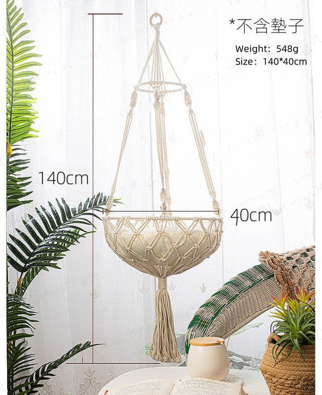 (VP0045) Cat Hammock Bohemian Cat Hammock Hemp Rope Pet Hanging Basket Super Load-bearing Handwoven Hammock Plus Thick Hemp Rope Hammock Solid Wood Bead Decorative Hanging Basket