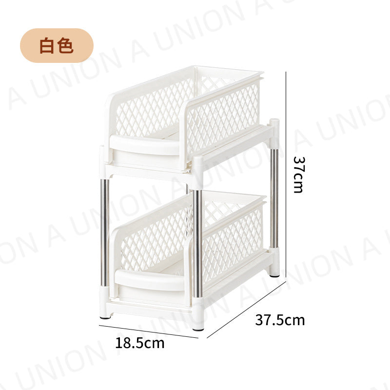 （VH0175）儲物抽屜 雙層抽拉置物架 廚房廚櫃收納架 下水槽置物架 洗手間收納架 調料瓶罐置物架 化妝品收納籃 廚房收納 浴室收納 儲物架-白色