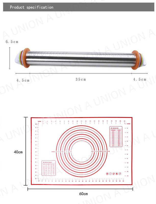 （VH0435）17寸可調型不銹鋼擀麺杖+揉麵墊 擀麵棍 烘焙多功能麵粉棍 披薩壓餅棒 壓面棍 不粘麵團擀麵杖 麵粉墊 烘培揉麵不粘墊 揉麵墊 帶刻度案板搟麵墊