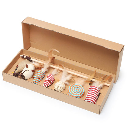 (VP0038) Cat Funny Stick Seven-piece Set Cat Gift Box Pet Toy Cat Shaking Cat Stick Ring Toy Bell Toy Wooden Stick Elastic Toy Rope Toy Mouse Toy