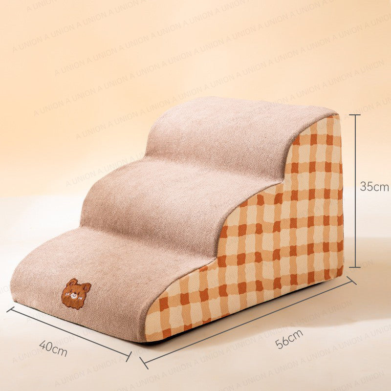 (VP0234) Dog Stairs Pet Puppy Sofa Stair Up and Down Auxiliary Mat Pet Supplies Three Layers Brown Checkered 35cm