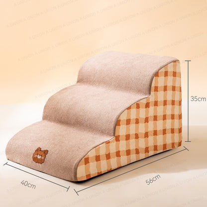 (VP0234) Dog Stairs Pet Puppy Sofa Stair Up and Down Auxiliary Mat Pet Supplies Three Layers Brown Checkered 35cm