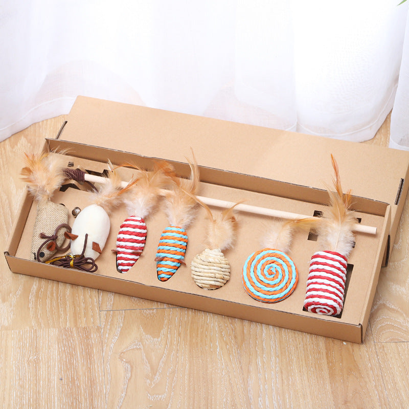 (VP0038) Cat Funny Stick Seven-piece Set Cat Gift Box Pet Toy Cat Shaking Cat Stick Ring Toy Bell Toy Wooden Stick Elastic Toy Rope Toy Mouse Toy