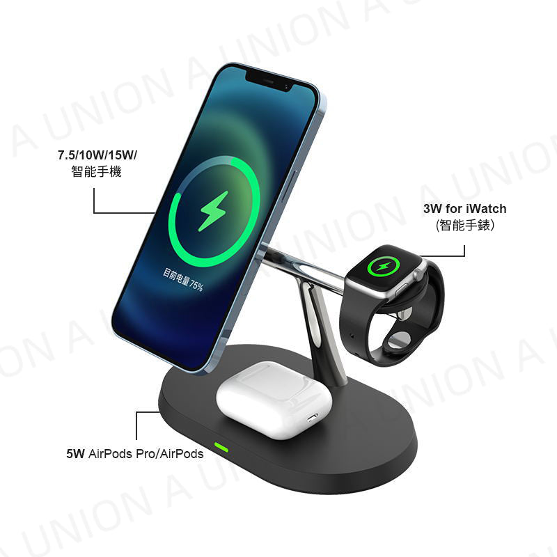 (VH0123) Three-in-one magnetic wireless charger Magsafe15W magnetic charging iPhone Apple Watch Airpods wireless charging earphones wireless fast charger multi-functional desktop mobile phone holder