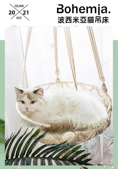 (VP0045) Cat Hammock Bohemian Cat Hammock Hemp Rope Pet Hanging Basket Super Load-bearing Handwoven Hammock Plus Thick Hemp Rope Hammock Solid Wood Bead Decorative Hanging Basket