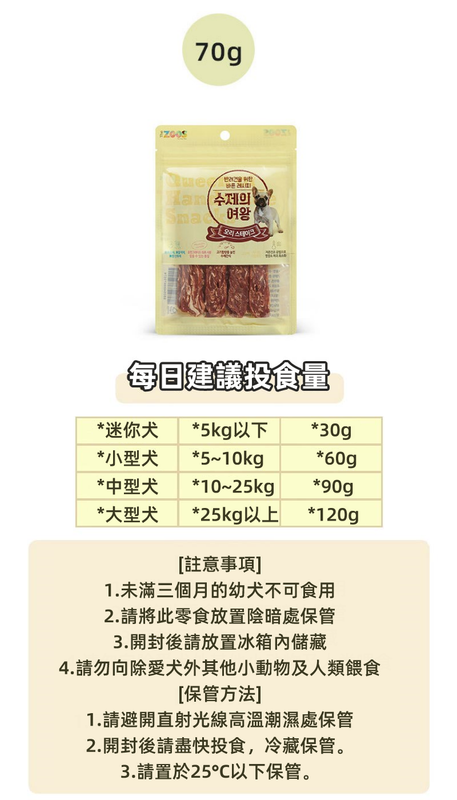 （VP0070）The ZOOS 韓國雪花牛肉片70g 軟肉幹肉條 幼犬老年犬通用狗零食 訓練獎勵狗零食