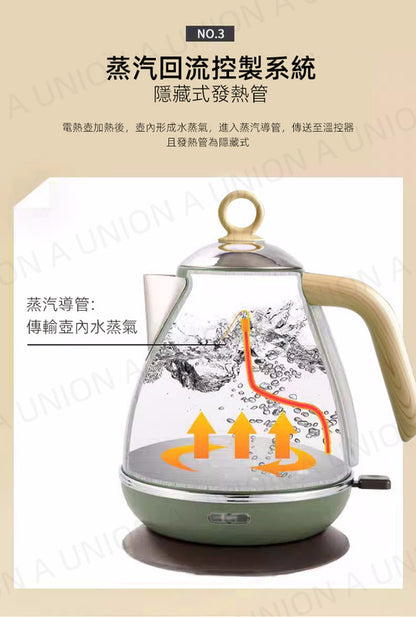 （VH0088）出口德國 北歐復古電熱水壺 烤漆木紋帶溫度顯示電熱水壺 304不銹鋼自動斷電燒開水壺 專利產品