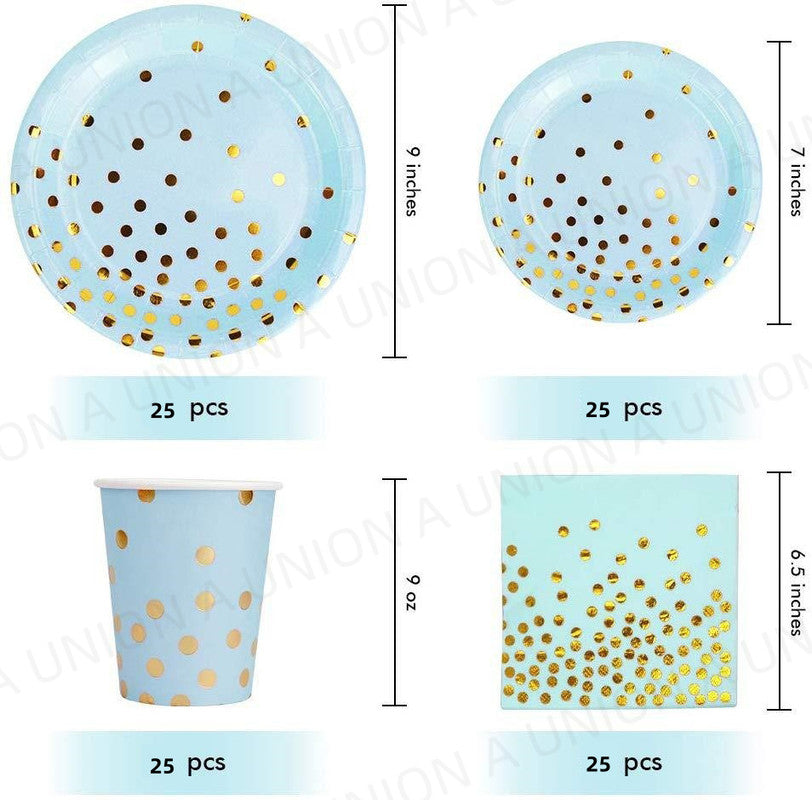 （VH0621）一次性派對餐具套裝 宴會 生日 - 藍金圓點即棄餐具套裝 {25位用}