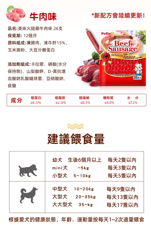 （VP0088）Petio 牛肉味火腿腸26支入 犬用香腸零食 營養無谷牛肉寵物香腸