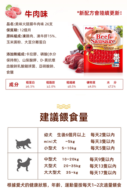 (VP0088) Petio Beef Flavored Ham Sausage 26-piece Dog Sausage Snacks Nutritious Grain-Free Beef Pet Sausage