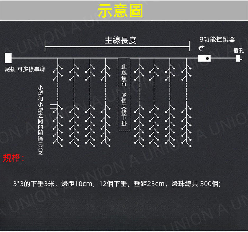 （VH0264）遙控氛圍燈 小夜燈 燈串  搖控瀑布LED燈  聖誕節日裝飾燈 氣氛燈 溫馨燈 窗簾燈 瀑布燈 節日布置燈 家居佈置  3x3m 300燈  (暖白色 3x3米)