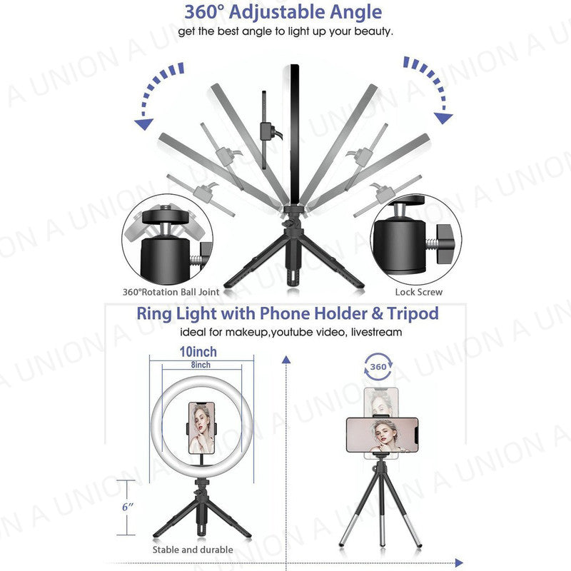（VH0365）10吋支架環形補光燈  環形直播補光燈 Vlog直播攝影燈 光環型 美顏補光燈 環形自拍燈 女神直播燈 10吋可調LED視像會議照明/直播燈 三種色暖可選 十級光度可調