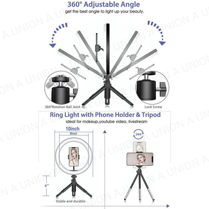 （VH0365）10吋支架環形補光燈  環形直播補光燈 Vlog直播攝影燈 光環型 美顏補光燈 環形自拍燈 女神直播燈 10吋可調LED視像會議照明/直播燈 三種色暖可選 十級光度可調