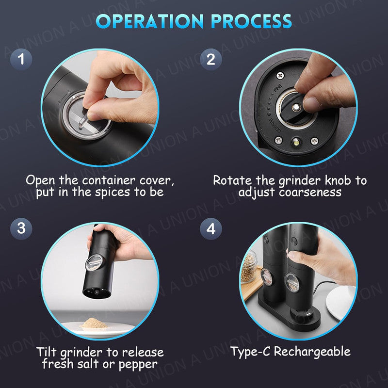 （VH0702）兩支裝電動胡椒研磨器 電動胡椒研磨器套裝 香料研磨機 帶充電收納底座 粗細調節 全自動研磨器 黑胡椒粉 調味料 海鹽 花椒  充電式香料鹽胡椒電動研磨器 重力感應 可調較粗幼度